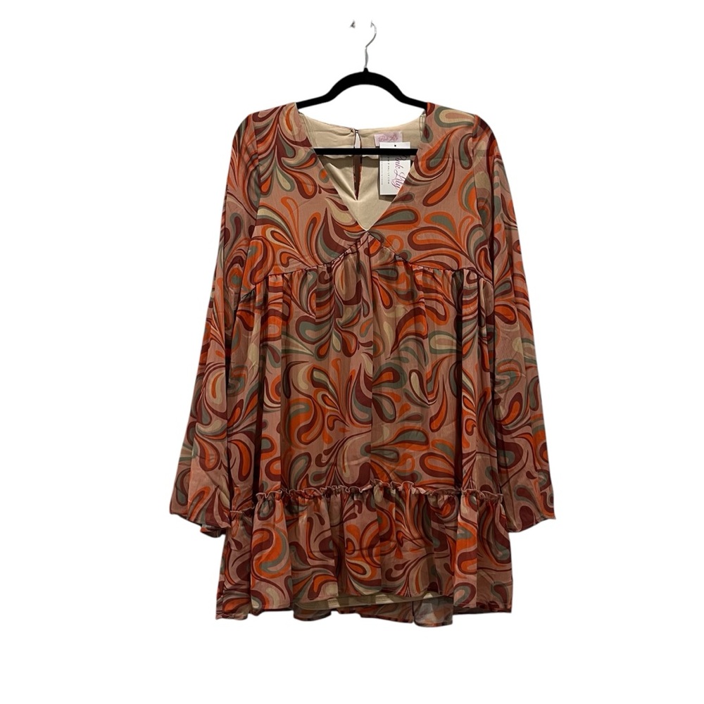 Casual Orange V-Neck Long Sleeve Dress
